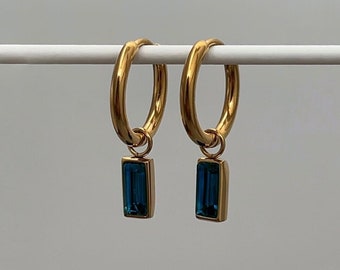 Dainty 18k Gold Plated Huggies Sapphire Pendant | Hypoallergenic | Blue Gold Hoop Earrings | Perfect Gift for Her | Valentines Gift