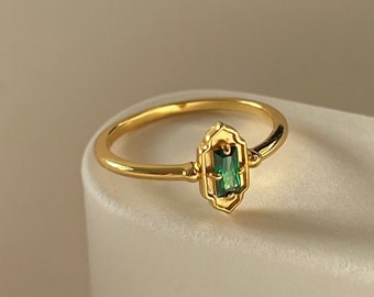 Dainty 18k Gold Vermeil Emerald Ring | Waterproof | Hypoallergenic | Promise Ring | Gift for Her | Love Gift | Engagement | Proposal