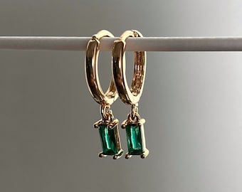 Dainty 18k Gold Plated Emerald Huggies | Hypoallergenic | Green Gemstone Pendant Gold Hoop Earrings | Perfect Gift for Her | Love Gift