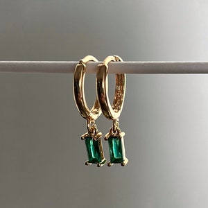 Dainty 18k Gold Plated Emerald Huggies | Hypoallergenic | Green Gemstone Pendant Gold Hoop Earrings | Perfect Gift for Her