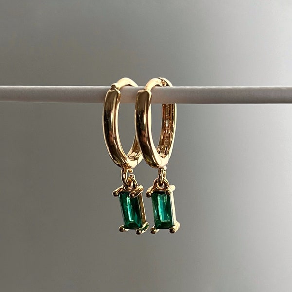 Dainty 18k Gold Plated Emerald Huggies | Hypoallergenic | Green Gemstone Pendant Gold Hoop Earrings | Perfect Gift for Her | Love Gift