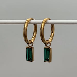 Dainty 18k Gold Plated Huggies Emerald Pendant | Hypoallergenic | Green Gold Hoop Earrings | Perfect Gift for Her | Love Gift