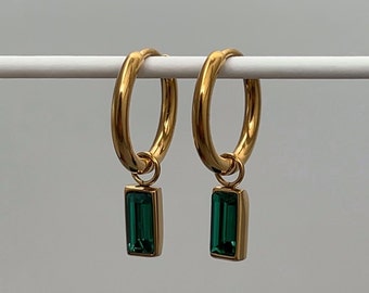 Dainty 18k Gold Plated Huggies Emerald Pendant | Hypoallergenic | Green Gold Hoop Earrings | Perfect Gift for Her | Love Gift
