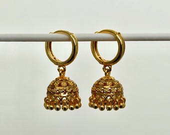 Gold Dainty Jhumka Hoop Earrings | 20k Gold Plated Indian Hoop Earrings | Small  Tiny Everyday Gold Jhumka