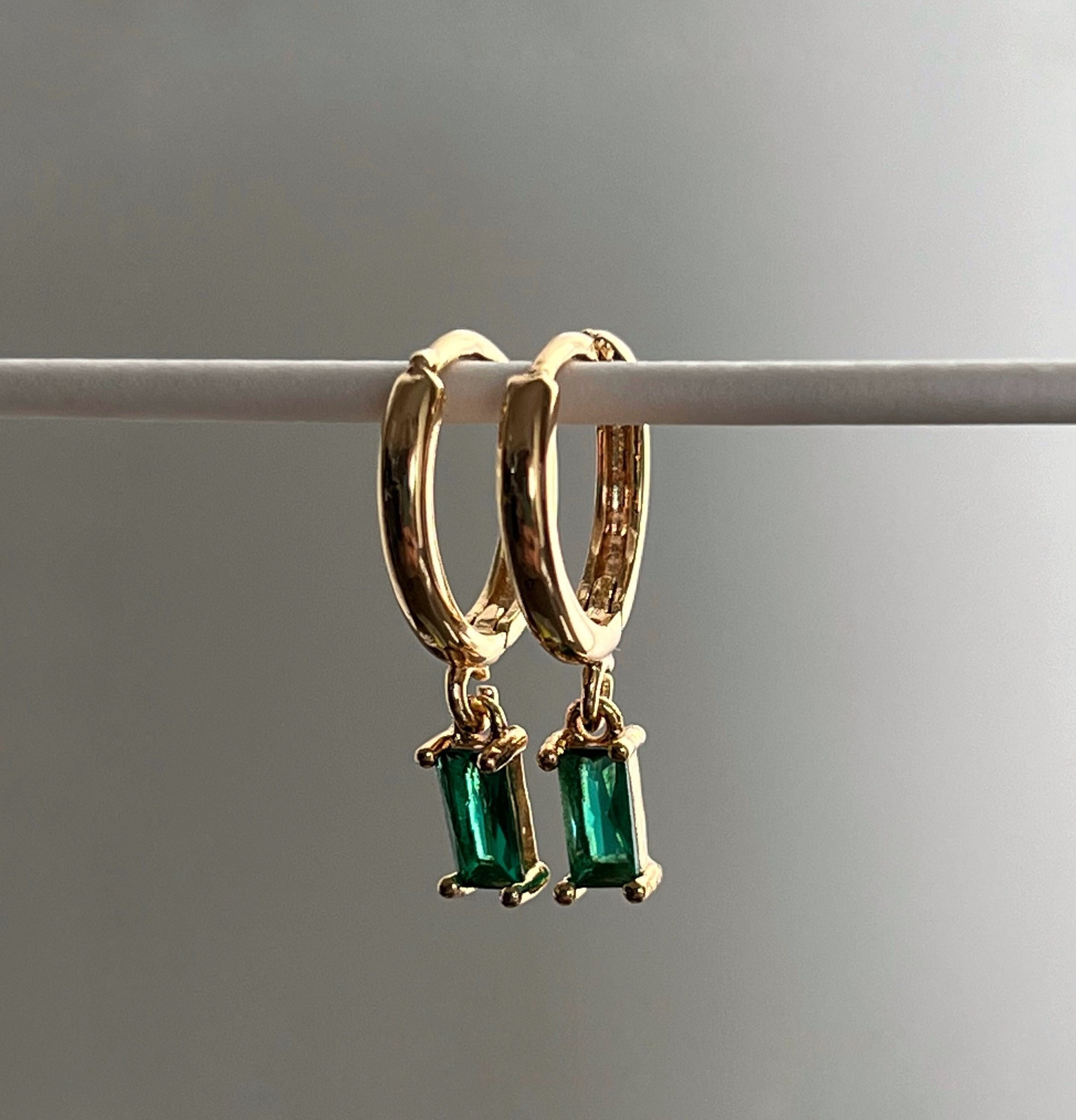 Dainty 18k Gold Plated Emerald Huggies | Hypoallergenic | Green Gemstone Pendant Gold Hoop Earrings | Perfect Gift for Her