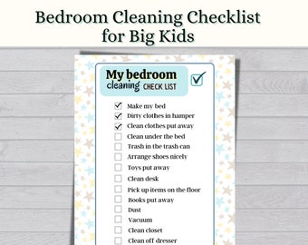Könnte beinhalten: Eine druckbare Checkliste für Kinder, die sie beim Putzen ihres Schlafzimmers verwenden können. Die Checkliste befindet sich auf einem weißen Hintergrund mit einem blauen Rand und Sternen in Gelb, Blau und Beige. Die Checkliste enthält Aufgaben wie Bett machen, Kleidung wegräumen, unter dem Bett putzen und Staubsaugen. Der Text "My bedroom cleaning CHECK LIST" befindet sich oben auf der Checkliste.