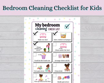 Könnte beinhalten: Eine druckbare Checkliste für Kinder, die sie beim Aufräumen ihres Schlafzimmers verwenden können. Die Checkliste enthält Aufgaben wie Bett machen, schmutzige Kleidung in einen Korb legen, unter dem Bett sauber machen, Schuhe ordnen, Spielzeug wegräumen, Schreibtisch sauber machen, Gegenstände vom Boden aufheben und Bücher wegräumen.