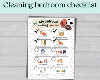 Könnte beinhalten: Eine druckbare Checkliste für Kinder, die sie beim Aufräumen ihres Schlafzimmers verwenden können. Die Checkliste enthält Aufgaben wie das Bettenmachen, das Wegräumen von Kleidung und das Reinigen unter dem Bett. Die Checkliste ist mit bunten Comicbildern illustriert.