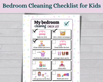 Könnte beinhalten: Eine druckbare Checkliste für Kinder, die sie beim Aufräumen ihres Schlafzimmers verwenden können. Die Checkliste enthält Aufgaben wie das Bett machen, schmutzige Kleidung in den Wäschekorb legen, unter dem Bett sauber machen und Spielzeug wegräumen. Die Checkliste ist mit bunten Comicbildern illustriert.