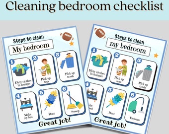 May include: A colorful checklist for cleaning a bedroom with illustrations of a child doing each task. The checklist includes steps like picking up toys, making the bed, and sweeping the floor. The checklist says "Steps to clean my bedroom" and "Great job!" at the bottom.
