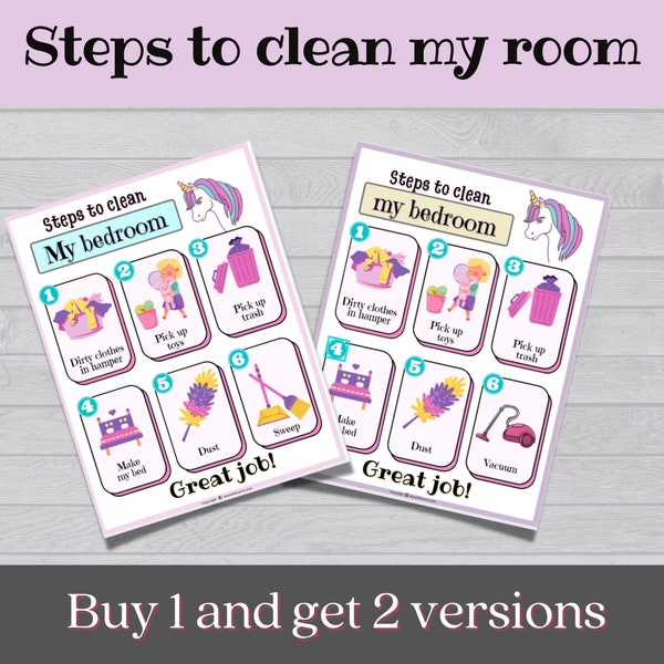 Clean My Room Chart for Children, Pink, Printable | Steps to clean my room | Routine Cleaning Chart