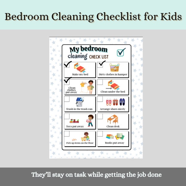 Bedroom Cleaning Checklist for Kids, Blue-  Kids Clean Room Checklist