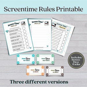 May include: Three printable checklists for screen time rules, with a colourful design featuring wifi symbols and confetti.  The checklists include tasks like brushing teeth, getting dressed, and finishing chores.  The image also includes five printable screen time tokens in different colours, with denominations of 5, 10, 20, and 30 minutes.