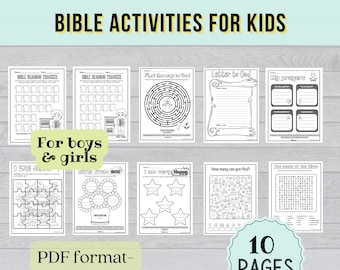 May include: A set of 10 printable black and white Bible activity pages for kids. The pages include a Bible reading tracker, a maze, a letter to God, a prayer journal, a puzzle, a word search, and more. The pages are designed for boys and girls and are in PDF format, letter size.