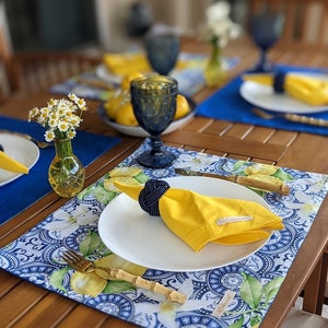 Sicilian Lemon Placemat: Majolica Blue Tile Print, Handmade in Brazil