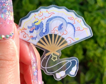 Blue Dragon Fan Sticker: Clear Waterproof Vinyl Decal
