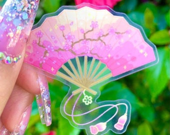 Cherry Blossom Fan Sticker | Cute Aesthetic, Clear Vinyl Sticker, Waterproof Sticker, Decal