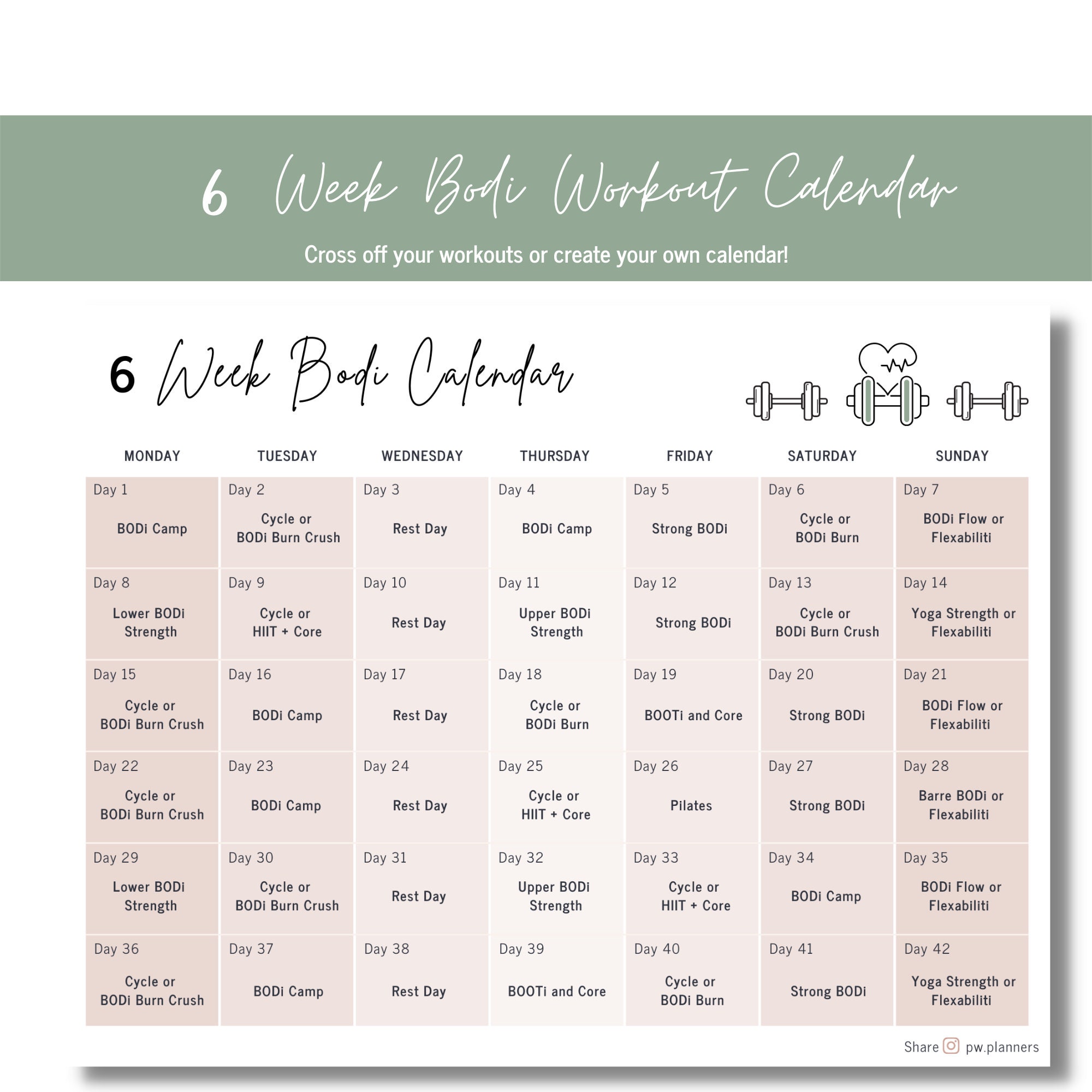 Bodi Workout Calendar Printable Letter Size 6 Week - Etsy