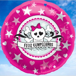 18” Feliz Cumpleaños pink skull stars and hearts balloon Globos