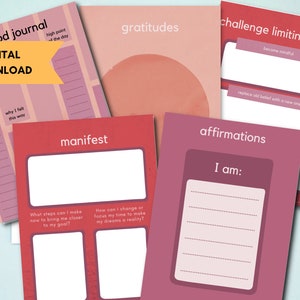 5 Journal Page Templates - Affirmations, Challenge Limiting Beliefs, Manifest Journal, Gratitude Journal, Mood Journal