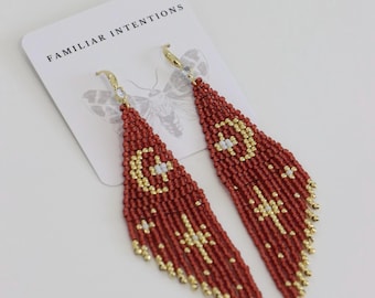 Moon & Stars Dusty Rose and Gold Beaded Earrings | Boho Hippy Whimsy