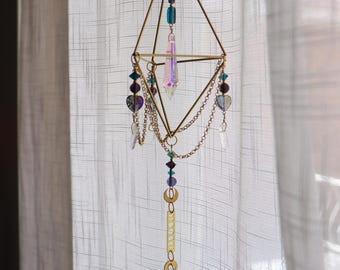 Crystal Suncatcher | Purple & Blue Moon Phases | Clear Quartz Gems | Bohemian Witchy Spiritual