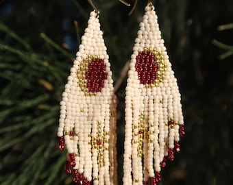 Blood Moon Red, White & Gold Beaded Earrings | Boho Hippy Whimsy