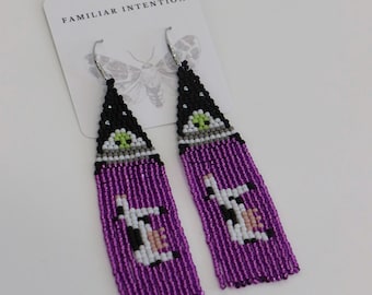 UFO Cow Abduction Beaded Fringe Earrings | Purple Western Boho Statement Festival Earrings