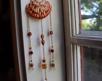 Boho Seashell Suncatcher | Red, Orange & Yellow Glass Beads | Ocean Inspired Hanging Window Decor