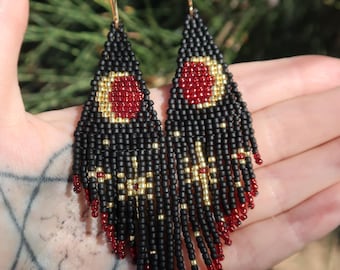 Blood Moon Red, Black & Gold Beaded Earrings | Boho Hippy Whimsy