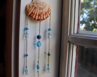 Boho Seashell Suncatcher | Blue Glass Beads | Evil Eye | Ocean Inspired Hanging Window Decor