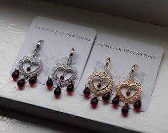 Bleeding Heart Garnet & Glass Earrings | Handmade Gothic Valentines Day Filigree Heart Dangles in 18k Gold or Platinum Plating