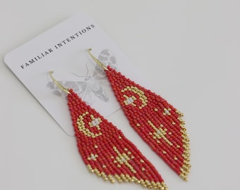 Moon & Stars Hot Pink and Gold Beaded Earrings | Boho Hippy Whimsy