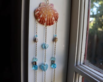 Boho Seashell Suncatcher | Blue Glass Beads | Ocean Inspired Hanging Window Decor
