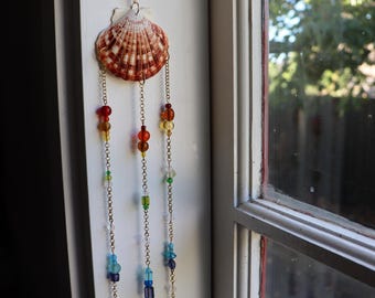 Boho Seashell Suncatcher | Rainbow Glass Beads | Ocean Inspired Hanging Window Decor
