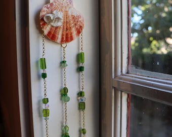 Boho Seashell Suncatcher | Green Glass Beads | Ocean Inspired Hanging Window Decor