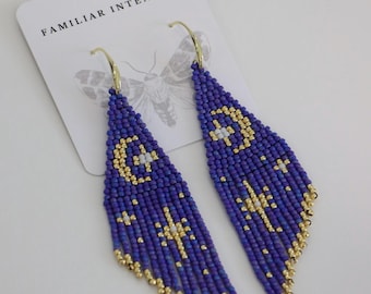 Moon & Stars Dusty Purple and Gold Beaded Earrings | Boho Hippy Whimsy