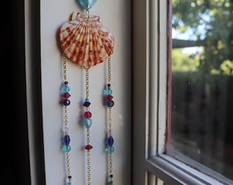 Boho Seashell Suncatcher | Blue, Purple & Pink Glass Beads | Ocean Inspired Hanging Window Decor