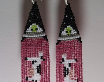 UFO Cow Abduction Beaded Fringe Earrings | Pink Western Boho Statement Festival Earrings