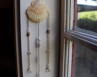 Boho Seashell Suncatcher | White Clear Glass Beads | Ocean Inspired Hanging Window Decor