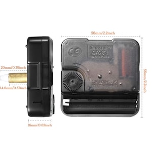 May include: A black and silver quartz clock movement with a clear plastic cover. The movement is 2.2 inches wide and 0.65 inches tall. The movement has a gold-colored shaft that is 0.79 inches long and 0.57 inches wide. The movement has a CE mark and the text "Sang tei 61688 MADE IN CHINA" printed on it.