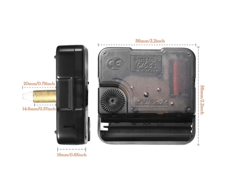 May include: A black and silver quartz clock movement with a clear plastic cover. The movement is 2.2 inches wide and 0.65 inches tall. The movement has a gold-colored shaft that is 0.79 inches long and 0.57 inches wide. The movement has a CE mark and the text "Sang tei 61688 MADE IN CHINA" printed on it.