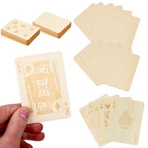 May include: A deck of playing cards made of wood with a natural finish. The cards feature traditional playing card designs, including the King of Diamonds and the Ace of Spades.