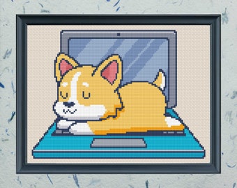 Dog Sleeping on Laptop Cross Stitch Pattern