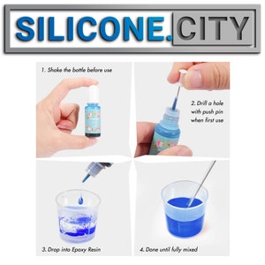 May include: Four steps for using blue epoxy resin dye.  Step 1: Shake the bottle before use. Step 2: Drill a hole with a push pin when first use. Step 3: Drop into epoxy resin. Step 4: Done until fully mixed.