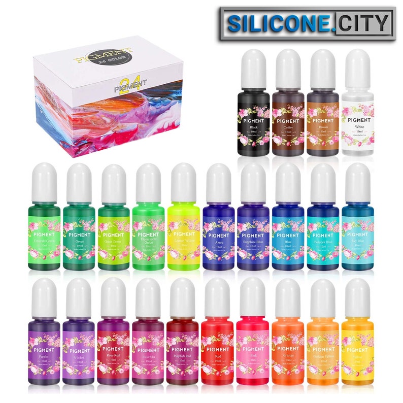 May include: A set of 24 small bottles of pigment for resin art. The bottles are arranged in rows of three, with each bottle containing a different color of pigment. The bottles are labeled with the color of the pigment, such as "Black", "White", "Red", and "Green".