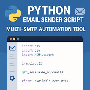 Puede incluir: Un gráfico azul con la palabra "PYTHON" y el texto "EMAIL SENDER SCRIPT" y "MULTI-SMTP AUTOMATION TOOL". La imagen también muestra líneas de código con "import csv" y otros comandos.