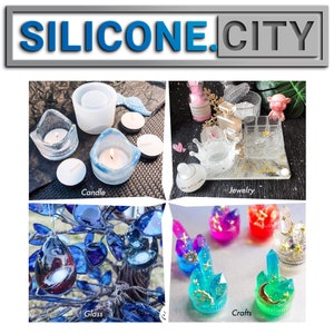 May include: Four images showing different uses for silicone molds. The first image shows a clear glass candle holder with a tealight inside. The second image shows a clear glass jewelry dish with a crown-shaped mold. The third image shows a clear glass ornament with a galaxy design. The fourth image shows a variety of colorful resin crafts.