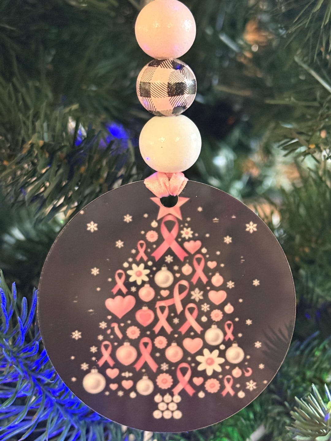 Breast Cancer Ribbon Christmas Tree Hanging Ornament With Wooden Beads ...