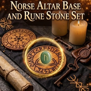 May include: Norse Altar Base and Rune Stone Set featuring two circular wooden bases engraved with runic symbols, a smooth green stone with a white rune, two off-white pillar candles, two metal keys, and a rolled parchment scroll.